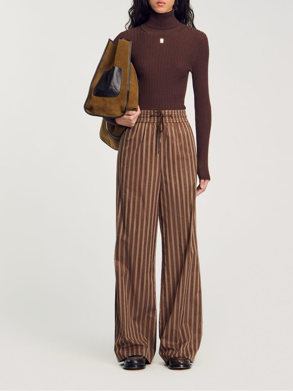 NWT Sandro Brown Striped Wide-Leg Drawstring Pants